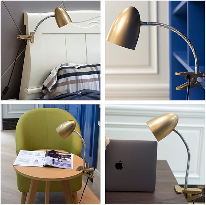 Energetic Lighting Clip on Light for Bed, Non-Dimmable Clip on Reading Light for Bed, 4000K Cool White, 3.5W 240 LM Desk lamp with clamp, Eye Protection, ETL Listed, Gold