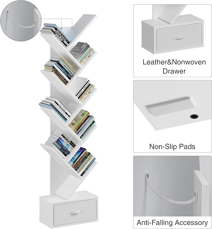 Rolanstar Tree Bookshelf with Drawer, 9 Shelf Bookshelf, Wooden Bookcase Storage Rack for CDs/Movies/Books, Corner Bookshelves, Utility Organizer Shelves for Living Room, Bedroom, White