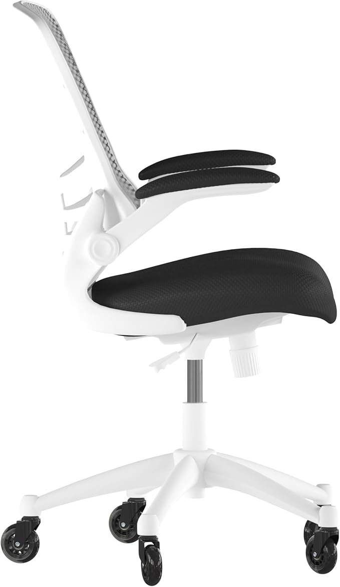 Flash Furniture Kelista Mid-Back Black Mesh Swivel Ergonomic Task Office Chair with White Frame, Flip-Up Arms, and Transparent Roller Wheels