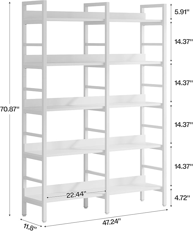 Tribesigns 5-Tier Industrial Bookshelf, 71”H x 47”W Etagere Bookcase, Freestanding Double Wide Book Shelf for Storage and Display, Wood and Metal Bookshelves for Living Room Home Office, White