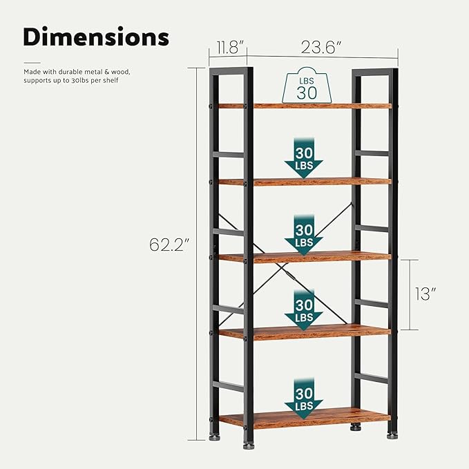 NEWBULIG Book Shelf 5 Tier Modern Bookcase Sturdy Metal Storage Organizer Books/CDs/Magazines Industrial Open Display Shelf for Bedroom Home Office Kitchen Living Room, Rustic