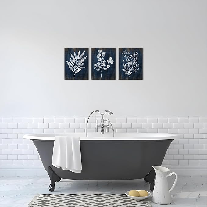 Conipit Navy Blue Botanical Painting Rustic Botanical Wall Art Canvas Abstract Blue White Leaf Plant Artwork Prints Framed For Living Room Bedroom Wall Decor 12''X16''X3pcs