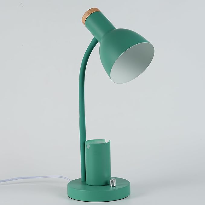 Desk Lamp with Pen Holder, Green, Wood Accent, Adjustable Gooseneck, Modern Study Light (Green)