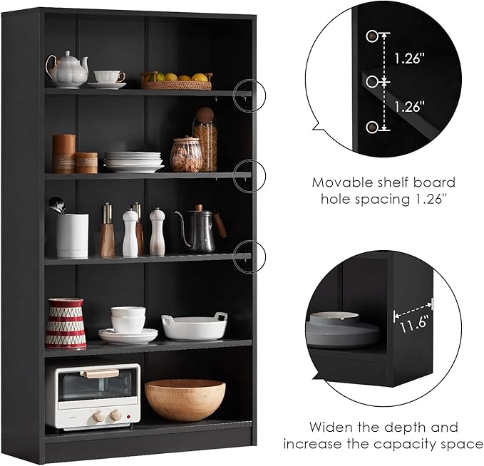 Farini Black 5 Shelf Modern Wood Bookshelf - 60 Inch Tall, Wide Manga & Bookcase for Bedroom & Living Room Library Bookcase