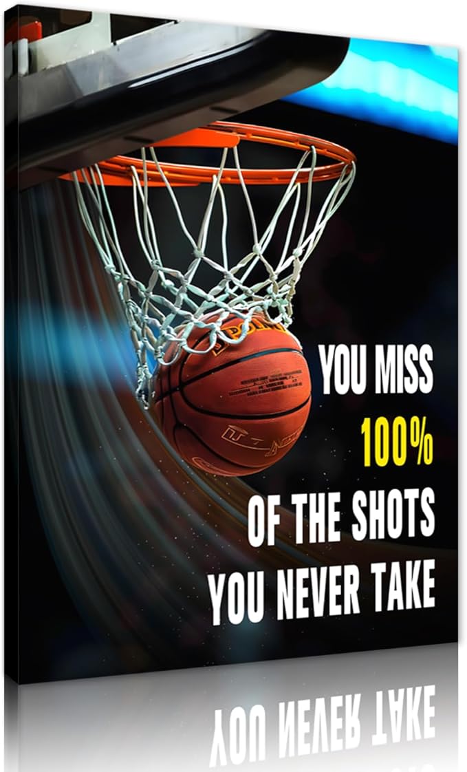 Basketball Sports Canvas Wall Art Inspirational Wall Decor Motivational Poster Inspirational Theme Artwork for Boys Room Bedroom Dormitory Gym Playroom Decoration Framed Easy to Hang - 18x24 inch