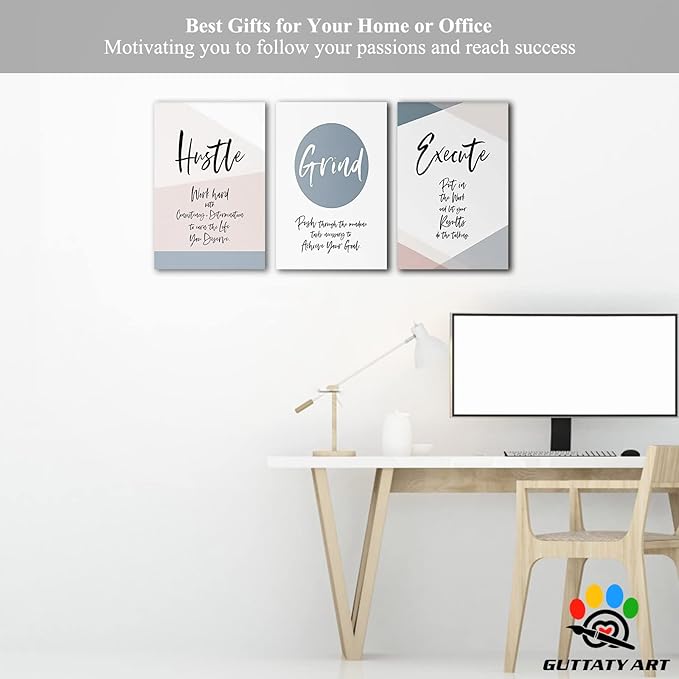 Office Wall Art - 3 Panel Motivational Wall Art, Inspirational Quotes Canvas Art for Home Office Wall Decor, Positive Quotes Wall Decor, Entrepreneur Grind Hustle Execution Poster Frame (12”x24”x3Pcs)