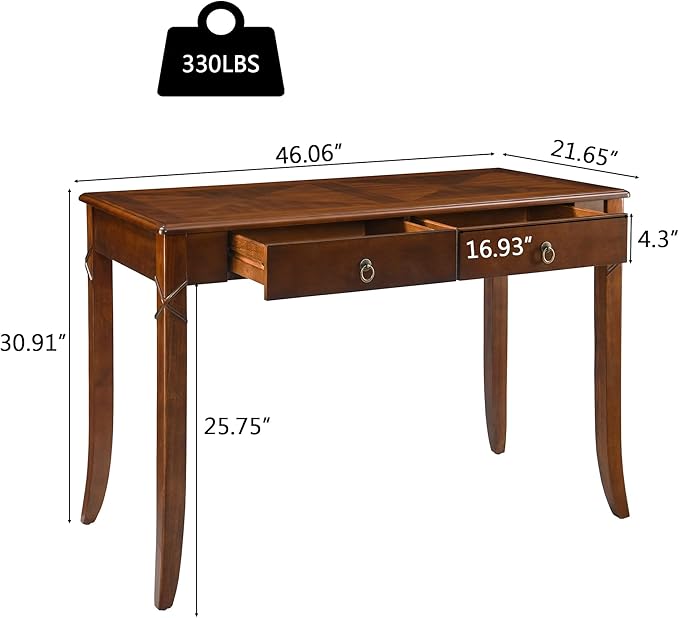 Traditional Home Office Desk with 2 Storage Drawers, Solid Wood Computer Desk with Elegant Carved Legs,Vanity Desk, Writing Desk, Corner Table for Living Room, Easy Assembly Cherry Brown BSZ-DR200
