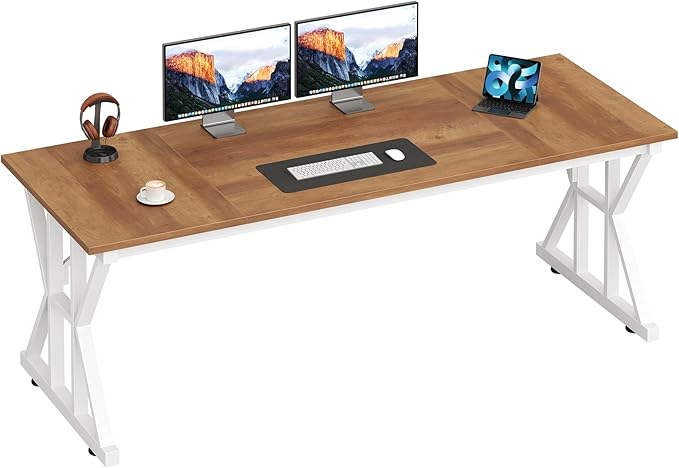 TVU Computer Desk, 63 inch Large Office Desk, Study Writing Table with Thicken Frame, Gaming Desk, Modern Simple Desk for Home Office, Brown