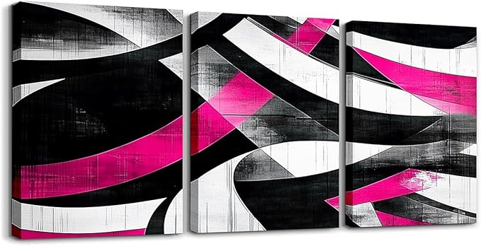 jejeloiu Kids Abstract Art 3 Piece Canvas Wall Art for Living Room Bedroom 12"x16"x3pcs Geometric Office Decorations Artwork Posters Hot Pink Modern Art Picture Wall Decor for Home Decor Bathroom