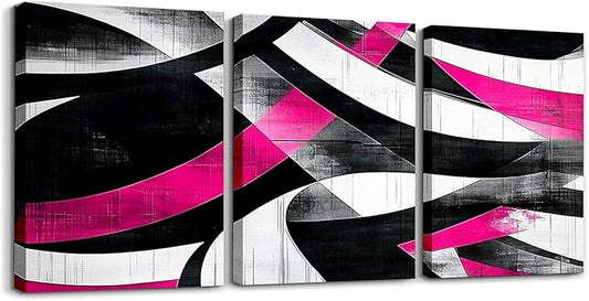 jejeloiu Kids Abstract Art 3 Piece Canvas Wall Art for Living Room Bedroom 12"x16"x3pcs Geometric Office Decorations Artwork Posters Hot Pink Modern Art Picture Wall Decor for Home Decor Bathroom