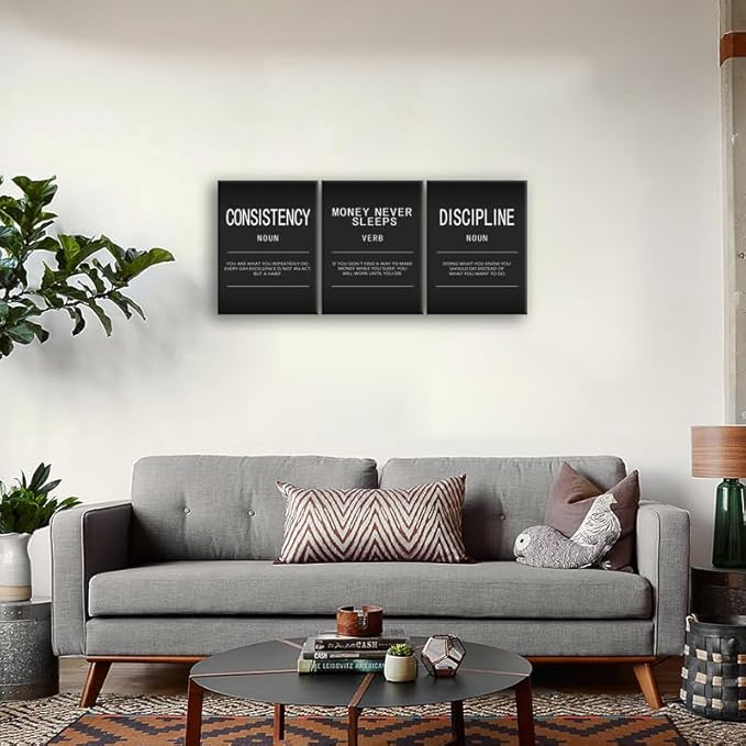 Motivational Canvas Wall Art Money Never Sleeps Verb Painting Office Decor Consistency Noun Posters Prints Inspirational Discipline Noun Picture for Wall Art Decor Home Living Room Framed[36" W X 16"
