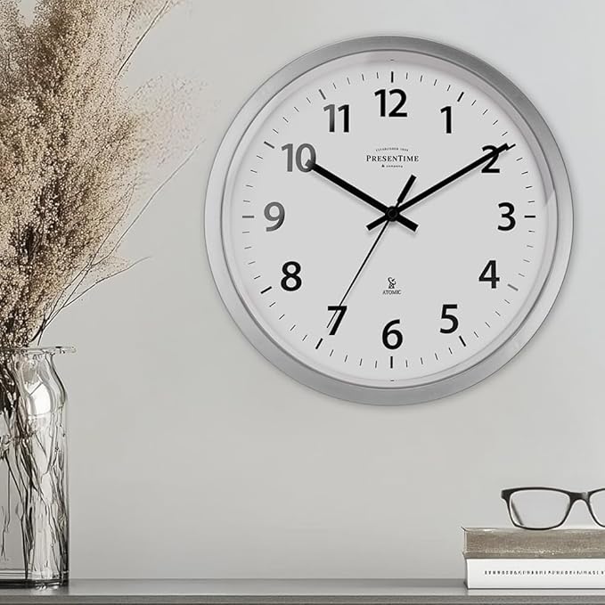 Presentime & Co 12" Atomic Wall Clock, Silent no Ticking, Automatically Sets Itself and Adjust to Daylight Saving Time by WWVB - Faux Stainless Steel Finish. (Home Office)