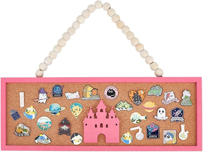 BENECREAT Rectangle Castle Pin Board Cork Board, 15x5 Inch Bulletin Display Board, Wall Mounted Cork Board for Brooch Pin Collection Display Office Home Bedrooms (Deep Pink)