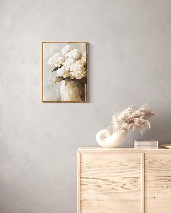 ARPEOTCY Vintage Framed Canvas Wall Art, Retro White Hydrangeas Wall Decor, Farmhouse Floral Painting Canvas Wall Art for Living Room, Bathroom, Bedroom Aesthetic(12 x 16 Inch)