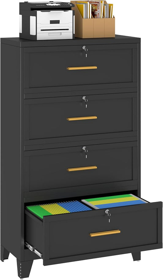 Metal Lateral File Cabinet with Lock,4 Drawer Steel Wide Filing Organization Storage Cabinets,Office Filing Cabinet for Legal/Letter/A4/F4 Size with Hanging Files&Key,Lockable Cabinets for Home Office
