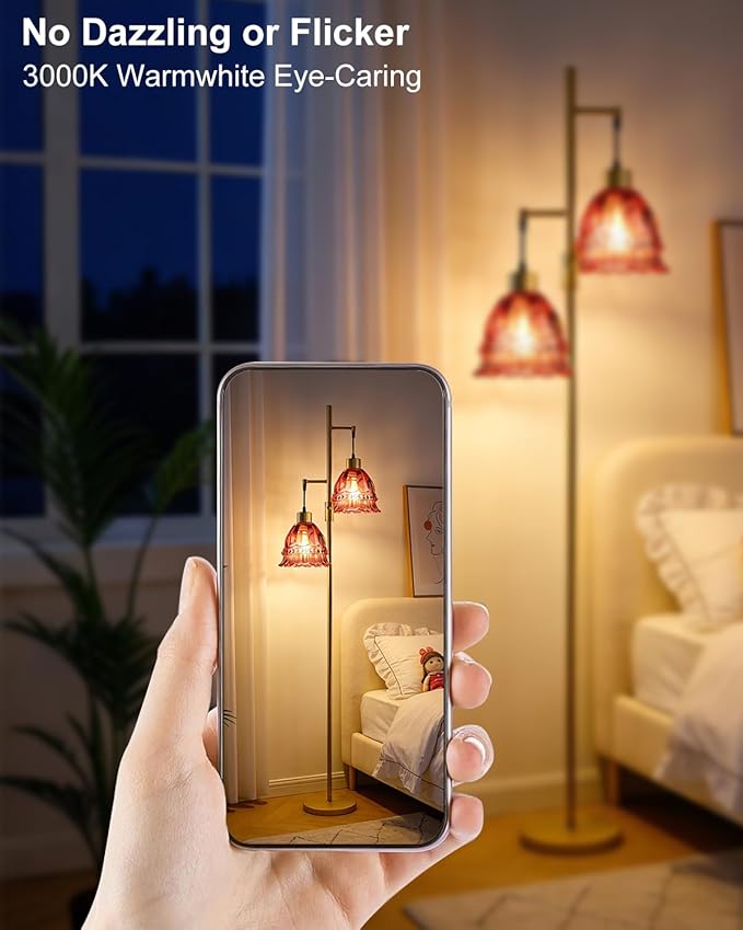 Lightdot 65IN Glass Floor Lamp for Living Room, 2- Light Gold Flower Floor Lamps with Rose Red Glass Lampshade,3000K Warm White Modern Standing Tall Lamp for Bedroom Corner Sofa Beside
