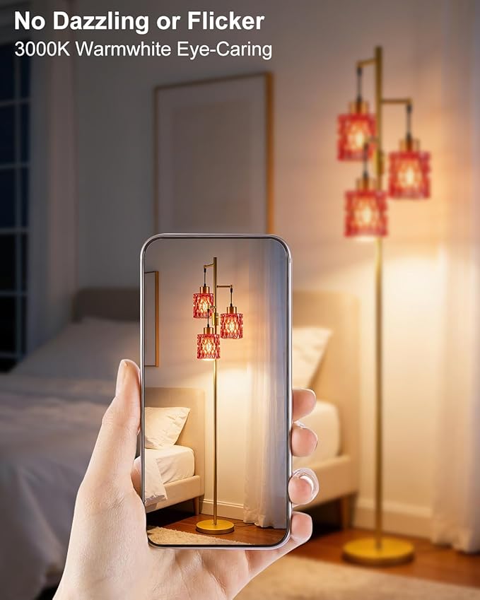 Lightdot 67" 3-Light Glass Floor Lamps for Living Room, Dimmable Floor Lamp with Rose Red Glass Shade& E12 Bulbs Included, Mid Century Standing Tall Lamp for Bedroom/Sofa Beside/Corner Decor-Gold