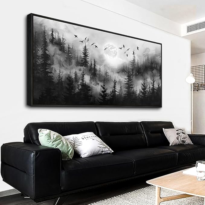 hyidecorart Forest Tree Painting for Living Room Landscape Wall Art Canvas Prints Natural Scenery Black and White Pictures Home Decor Bedroom Kitchen Office Large Wall Decor Black Framed Artwork