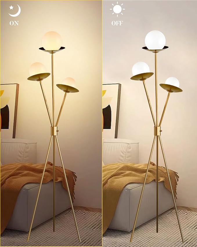 3 Globe Dimmable Tripod Floor Lamp, Mid Century Tree Floor Lamps with 3Pcs 3000K Bulbs Included, Modern Standing Tall Lamp for Living Room Bedroom Home Office Corner-Gold