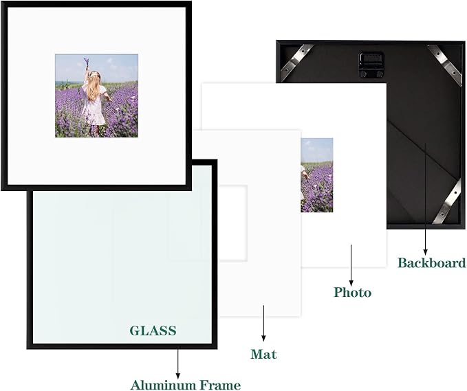 Golden State Art, Gallery Wall Frame Set of 6 - Black 8x8 Aluminum Photo Frames with Mat for 4x4 Pictures - 8 x 8 inch Metal Frame with Real Glass Cover - Elegant Home or Office Decor