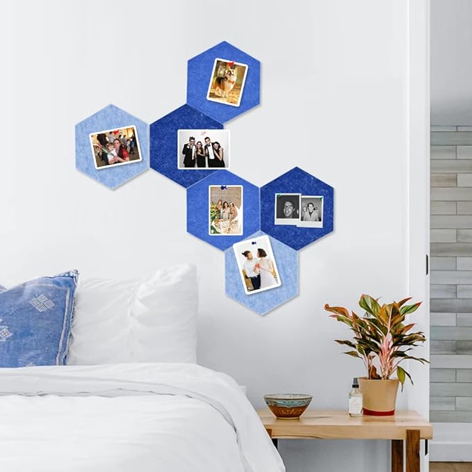Vuzvuv 6 Pcs Hexagon Bulletin Board with 50 Pushpins & Sticky Note Adhesive Cork Board for Wall，Felt Pin Board for School，Office Decor（Blue）
