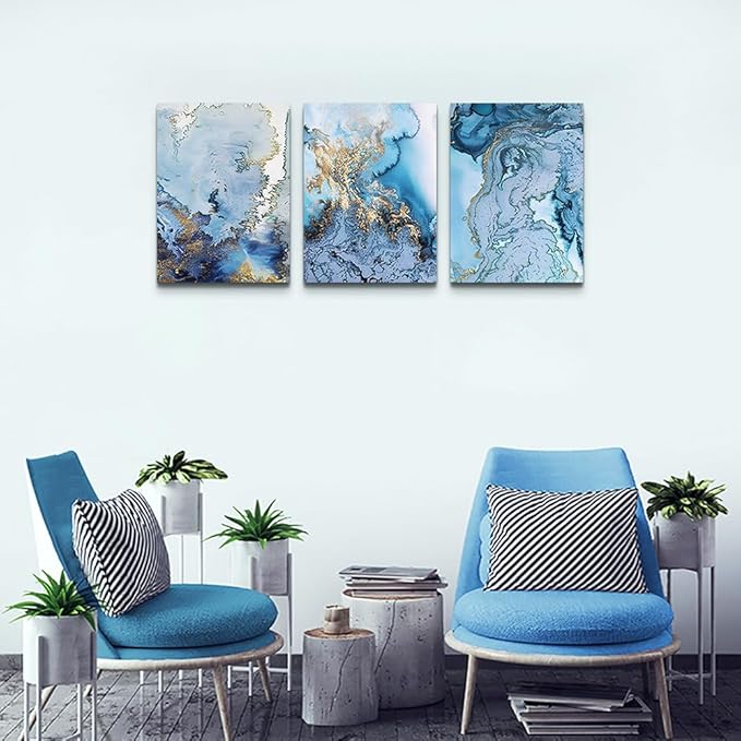 Lapremoly Abstract Canvas Wall Art For Living Room Bedroom Wall Decoration Office Decor Pictures Blue Watercolor Paintings Ready To Hang Home Artwork Framed Canvas prints Decor 3 Pieces
