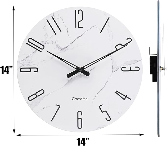 Glass Wall Clock White Marble Theme - 14" Battery Operated Silent Non-Ticking Quartz Modern Farmhouse Decor Round Clock for Home, Bathroom, Kitchen