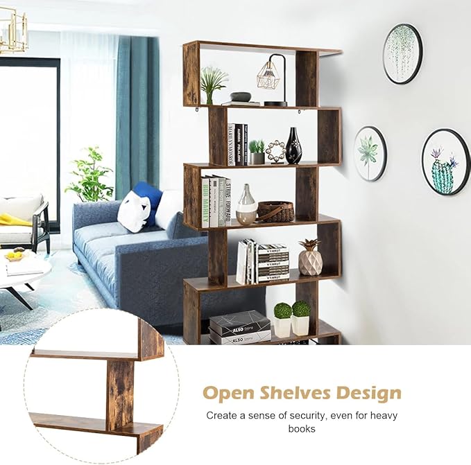 Tangkula 6-Tier Geometric Bookcase, Modern S-Shaped Storage Display Bookshelf for Living Room, Anti-Toppling Device, Home Office Wooden 6 Shelf Open Bookcase (2, Coffee)