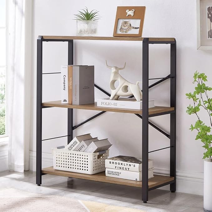 FOLUBAN Small Bookshelf, 3 Tier Open Book Shelf, Rustic Wood and Metal Shelving Unit for Small Space, Oak