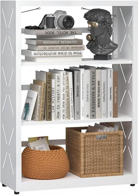 3 Tier Metal Book Shelf, Adjustable Bookcase with Anti-Tip Device & Leveling Feet, Heavy-Duty White Corner Bookshelf for Home Office, Bedroom, Garage