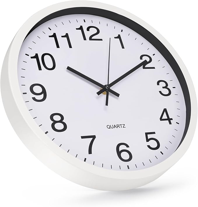 Wall Clock 12 Inch Metal Finish Silent Non Ticking Indoor Clock Round Battery Operated Stainless Steel Wall Clocks for Home, Office, Living Room (White-White, 12 Inch)