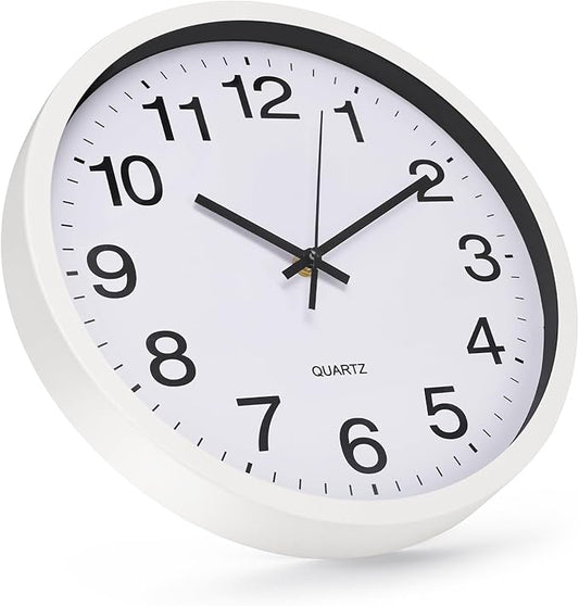 Wall Clock 12 Inch Metal Finish Silent Non Ticking Indoor Clock Round Battery Operated Stainless Steel Wall Clocks for Home, Office, Living Room (White-White, 12 Inch)