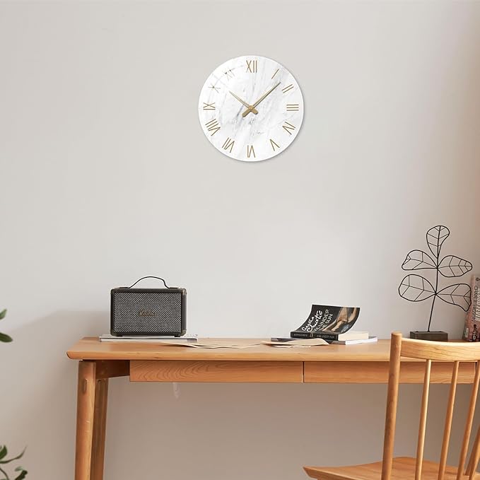 Round Marble Battery Wall Clock Modern 14 Inch White Minimalist Wall Clock for Kitchen Quartz Glass Silent Clock for Wall