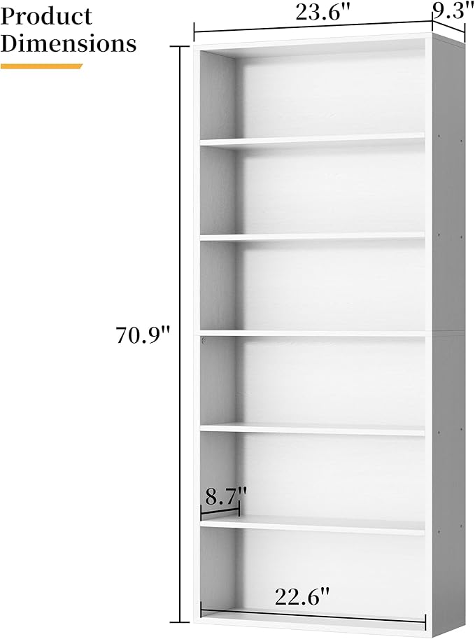 Shintenchi Bookshelf,6-Tier Open Bookcase and Bookshelves,6 Shelf Display Storage Shelves Floor Standing 70.6 inches Tall Bookcase for Home Office, Living Room (White)