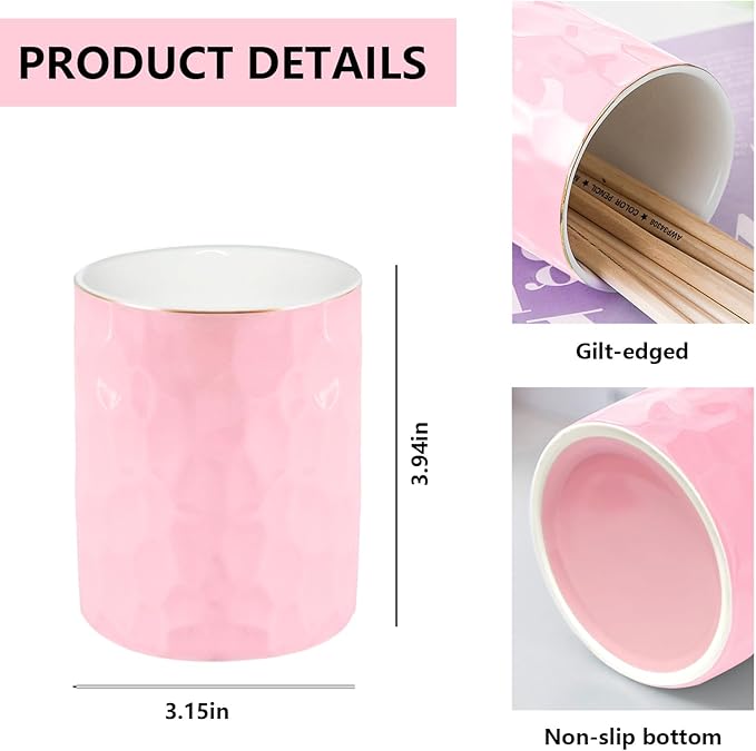 Aesthetic Desk Accessories Set of 2 For Your Office Desk Decor- Sturdy Concrete Desktop Accessories For Women Enhance Any Office Decor - Set incl. Ceramic Pink Pen Holder and Paper Clip Holder(Pink)