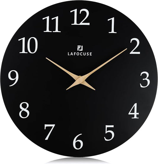 Lafocuse 12 Inch Wooden Black Wall Clock Battery Operated Silent Non-Ticking, Modern Simple Wall Clock for Living Room Decor Kitchen Bedroom Office