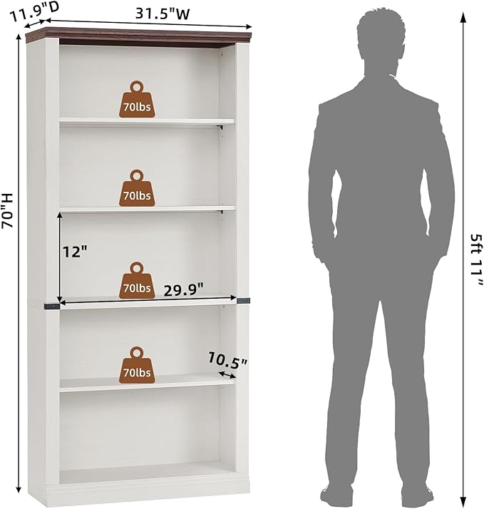 70" White Tall Bookshelf Set of 4,5-Tier Thick Wooden Book Shelf with Adjustable Shelves,Free Standing Farmhouse Bookcase with Open Display Storage,Floor Vintage Bookshelves for Living Room