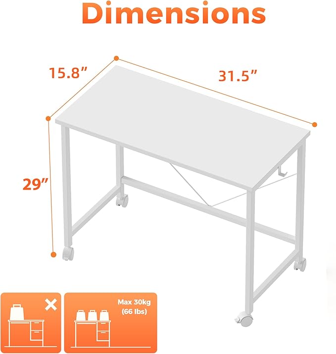 Mericonia 32 inch Rolling Computer Desk with Wheels, Gaming Desk for Small Spaces, Modern Simple Style Table for Home Office, Study Writing Table