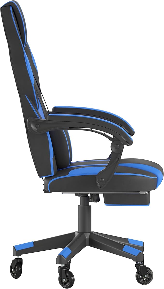 Flash Furniture X40 Gaming Chair Racing Computer Chair with Fully Reclining Back/Arms and Transparent Roller Wheels, Slide-Out Footrest, - Black/Blue