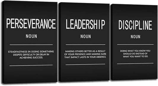 3 Pieces Inspirational Discipline Noun Canvas Wall Art Motivational Quotes Print Poster Perseverance Leadership Noun Paintings Picture Artwork Home Office Decor Framed Ready to Hang[72" W X 36" H]