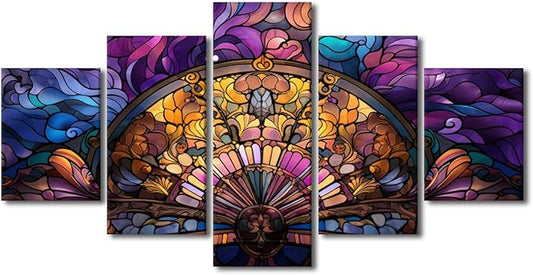 Color Canvas Wall Art Modern Abstract Canvas Wall Art Stained Glass Style Fan Poster Prints on Canvas 5 Panel Bedroom Decor for Living Room Decoraton Stretched and Framed Ready to Hang 60x32 in