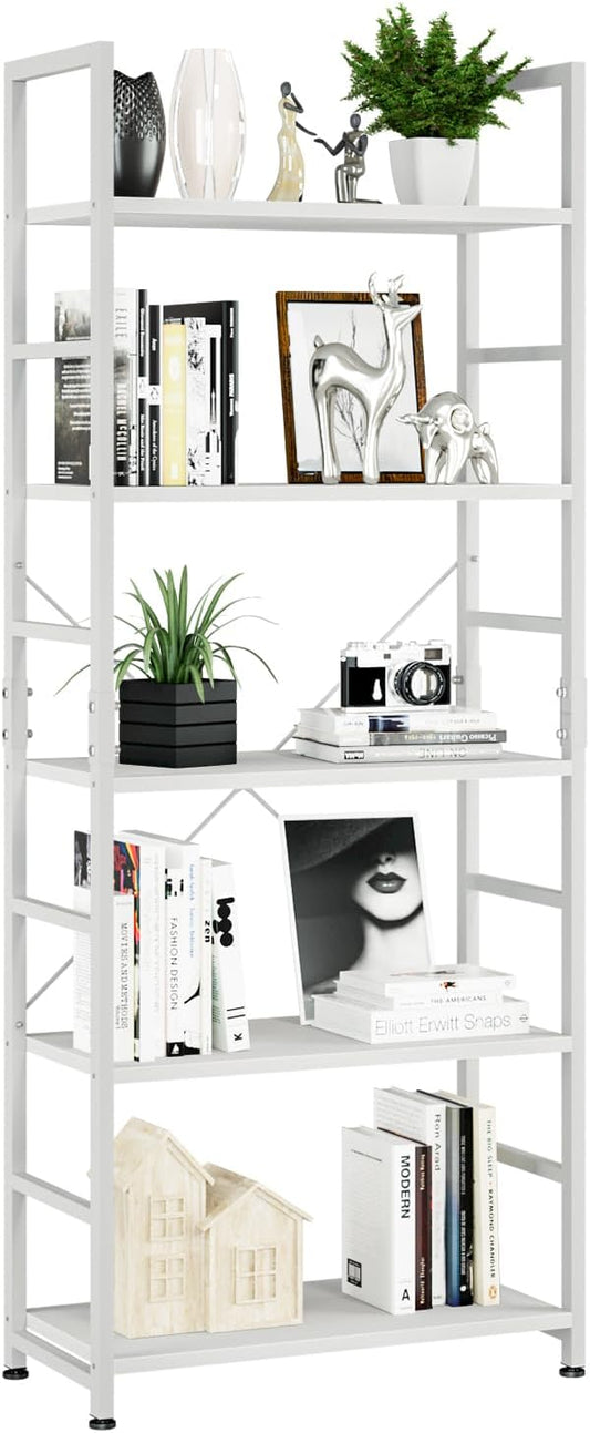 NUMENN 5 Tier Bookshelf, Tall Bookcase Shelf Storage Organizer, Modern Book Shelf for Bedroom, Living Room and Home Office, White