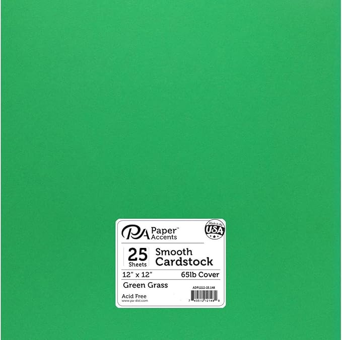 PA Paper Accents Smooth Cardstock 12" x 12" Green Grass, 65lb colored cardstock paper for card making, scrapbooking, printing, quilling and crafts, 25 piece pack