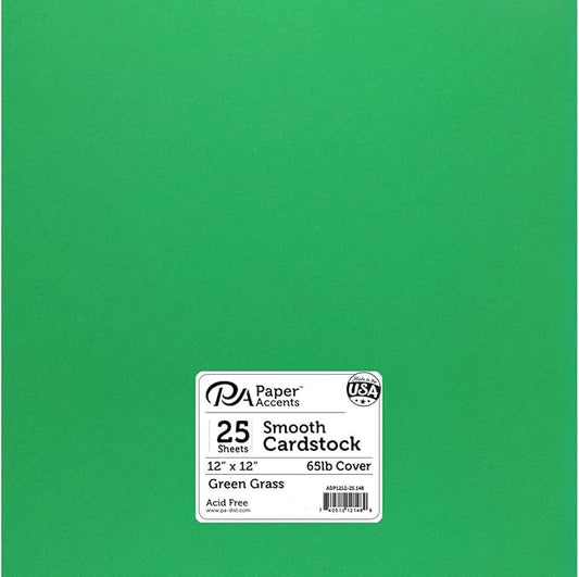PA Paper Accents Smooth Cardstock 12" x 12" Green Grass, 65lb colored cardstock paper for card making, scrapbooking, printing, quilling and crafts, 25 piece pack