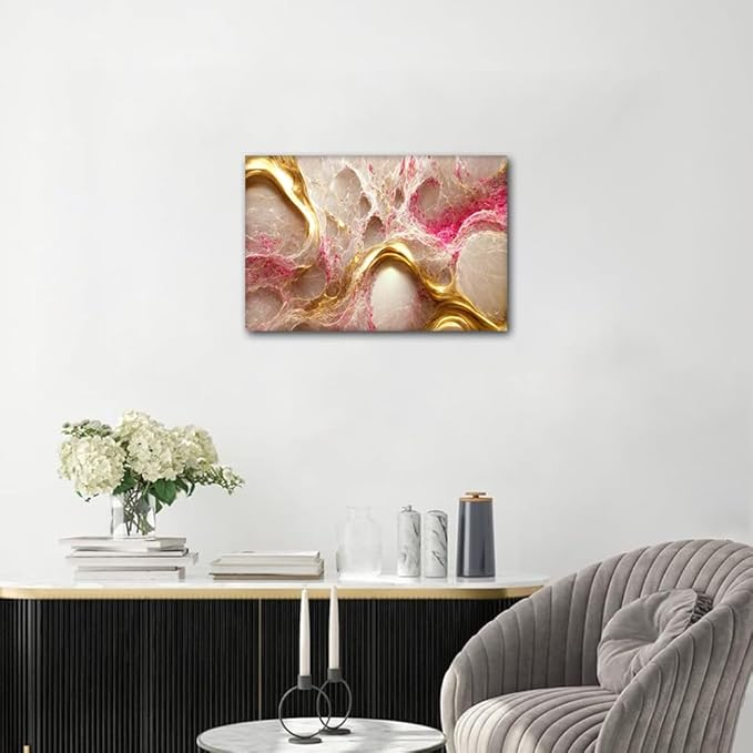 Modern Canvas Art Abstract Design Art Picture Printing Modern Living Room Home Wall Decor 1 Panel Gold and Pink Poster Prints for Girl Bedroom Wall Decor Stretched and Framed Ready to Hang 18x12 in