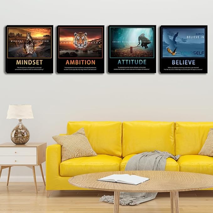 Motivational Posters Wall Art Inspirational Canvas Prints Inspiring Quotes Animals Painting Picture Office Motivational Wall Decor Framed 4 Pieces Living Room Bedroom Workplace Decoration 20"x20"x4