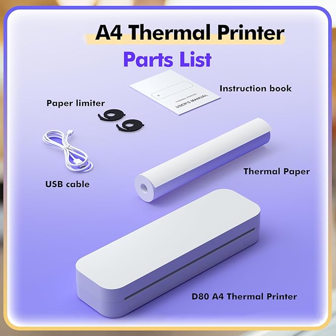 Inkless Printer, A4 Portable Thermal Printer, Compatible with iPhone Phone Laptop, Printing Speed 10mm/s & 304 DPI Clear, Support Thermal Paper, for Home/Outside Office Receipt
