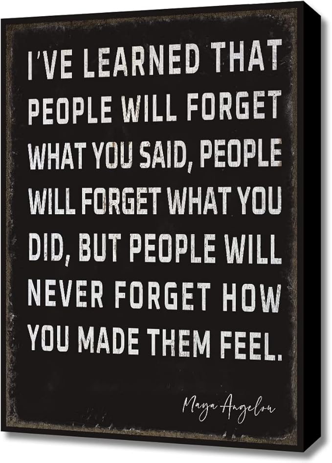 WOWGOOMO Retro Inspirational Canvas Wall Art Maya Angelou Quotes I've Learned That People Will Never Forget How You Made Them Feel Motivational Positive Painting Wall Decor for Home Office Framed Gift