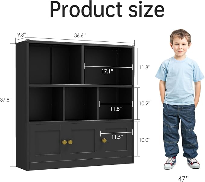 Kids Bookshelf and Toy Storage Organizer with 3 Cabinet and 5 Open Cubbies，Kids Toys Storage Organizer Shelf with Corner Guard，Multifunctional Floor Chest for Playroom and Kid's Room（Black）