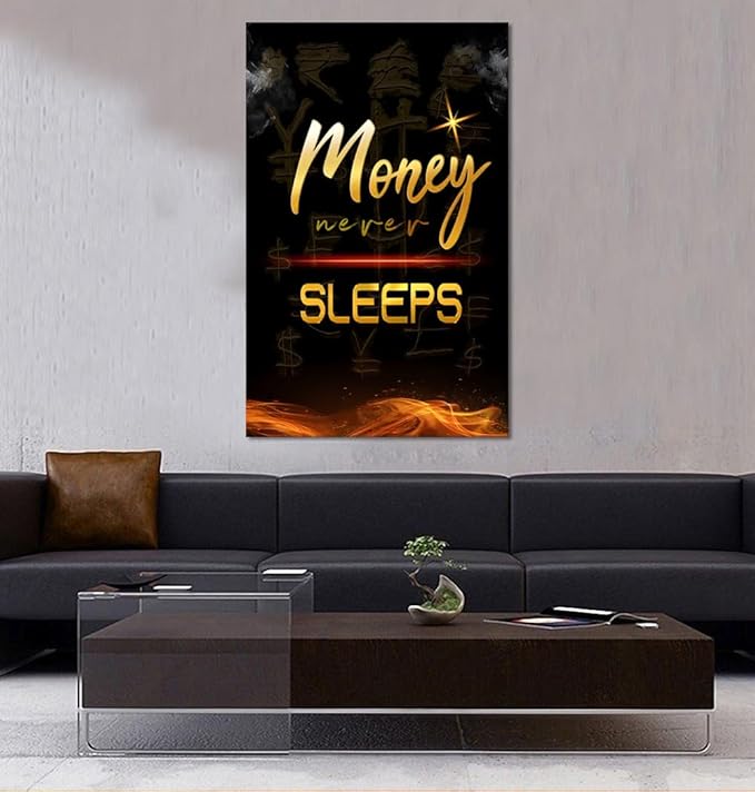 Large Size Money Never Sleeps Motivational Framed Wall Art Canvas Paintings Black and White Golden Artwork Stretched and Framed Easy to Hang-28x44 inch